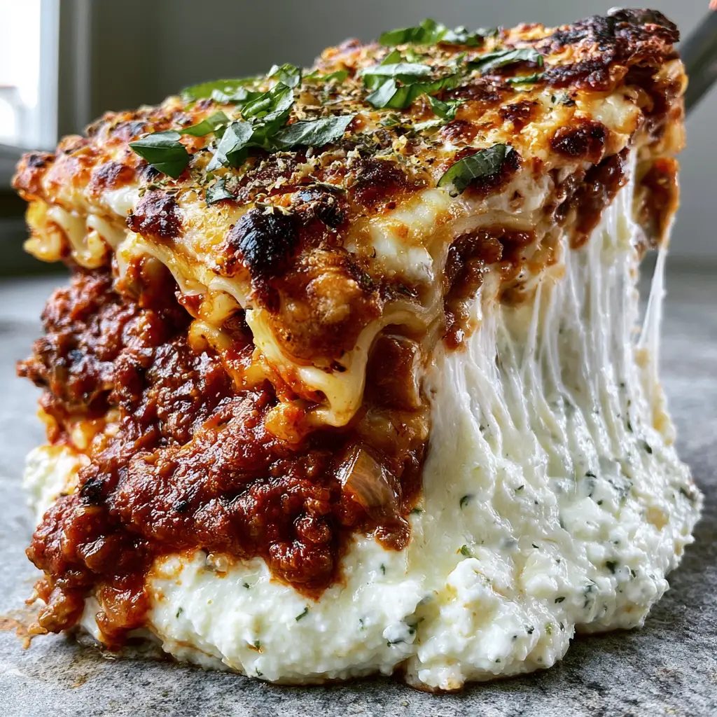 Cheesy Lasagna Recipe: The Ultimate Sturdy Layer Meat Lasagna 1 Bubbly golden brown toasted mozzarella crust with charred parmesan edges on top of lasagna.