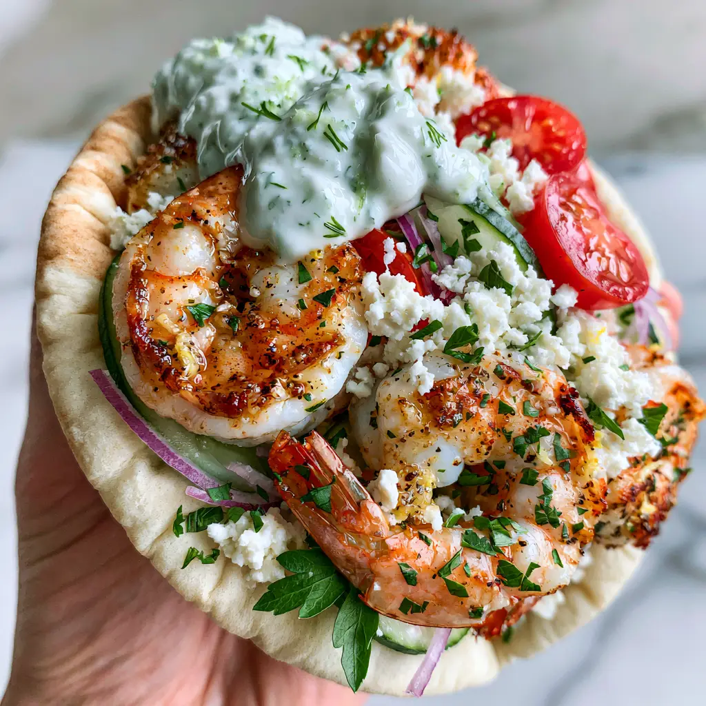 Mediterranean Shrimp Pita Wraps layered with Persian cucumbers, cherry tomatoes, and crumbled feta cheese.
