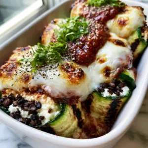 Close up of grilled zucchini lasagna rolls showing the creamy ricotta and mushroom filling. (Mushroom Zucchini Lasagna Rolls)