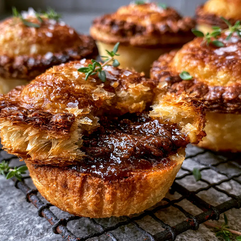 Extreme macro shot of beef party pies showing hundred of paper-thin shattered pastry layers and thick glossy gravy. (beef party pies)