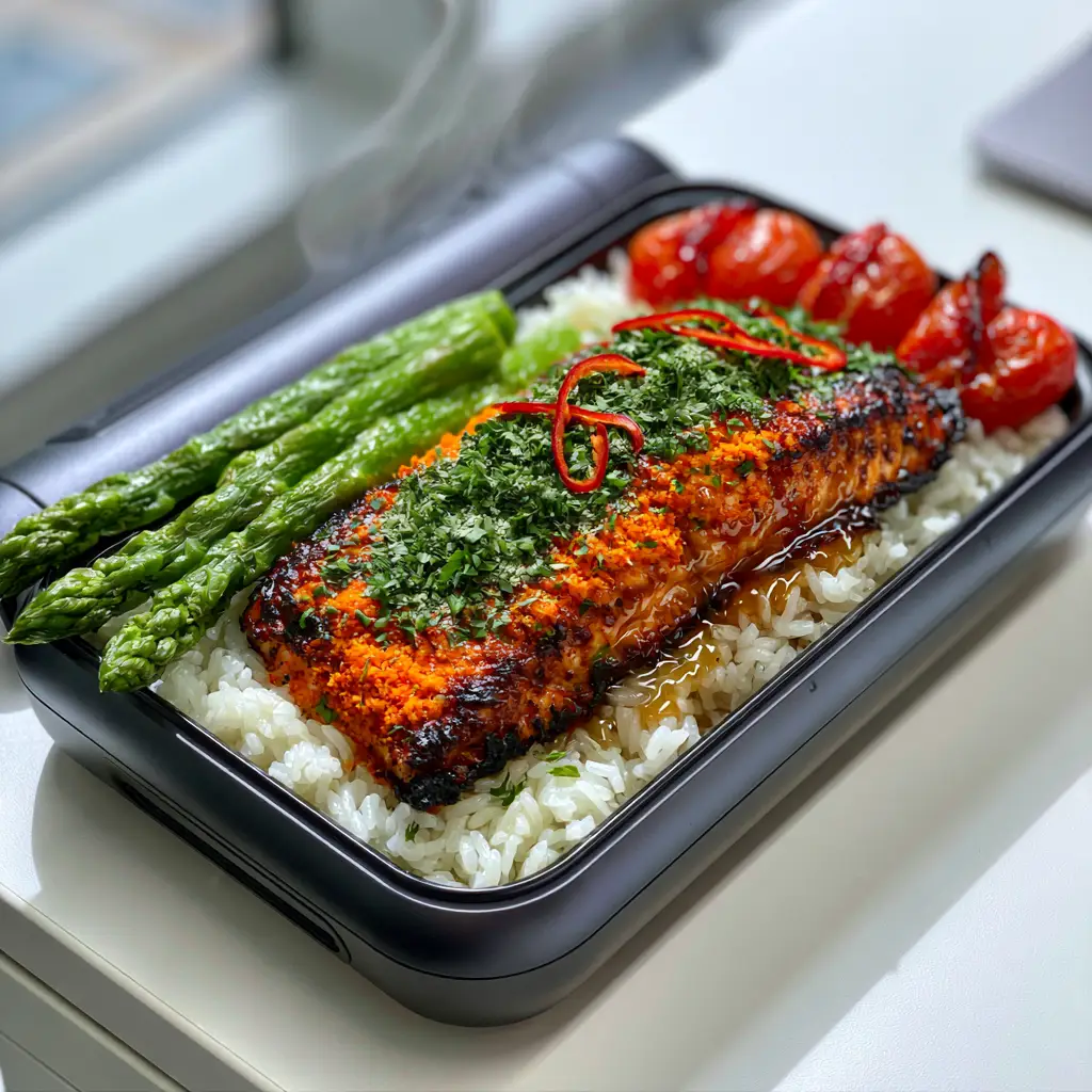 Close up of charred asparagus and blistered cherry tomatoes inside a portable lunch warmer next to a salmon fillet.