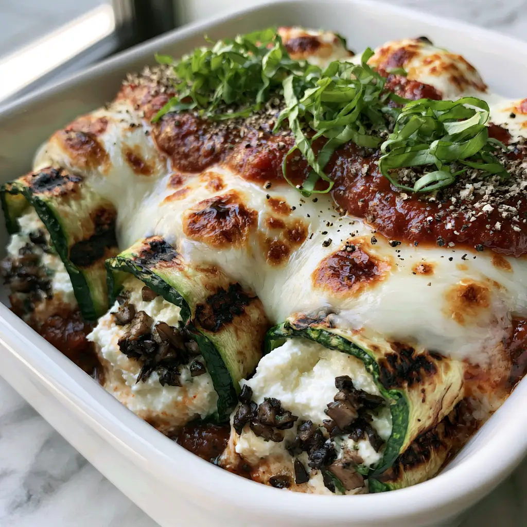 Top view of Mushroom Zucchini Lasagna Rolls with dollops of thick marinara and cracked black pepper.
