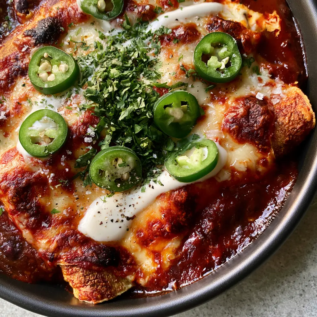 Close-up of crispy corn tortilla edges and thick red guajillo sauce on bean and cheese enchiladas.