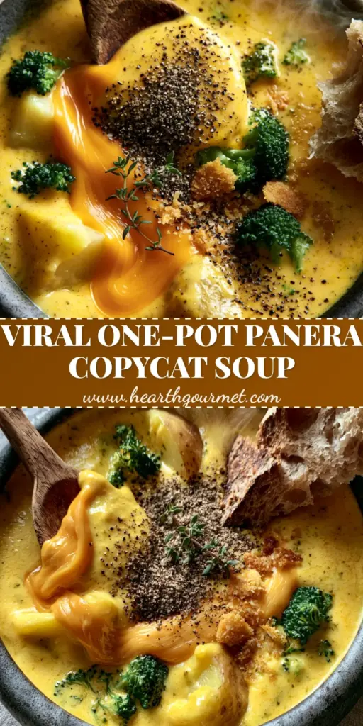 A top-down view of a steaming charcoal bowl of broccoli potato cheese soup garnished with panko, thyme, and a cheddar swirl next to sourdough bread.