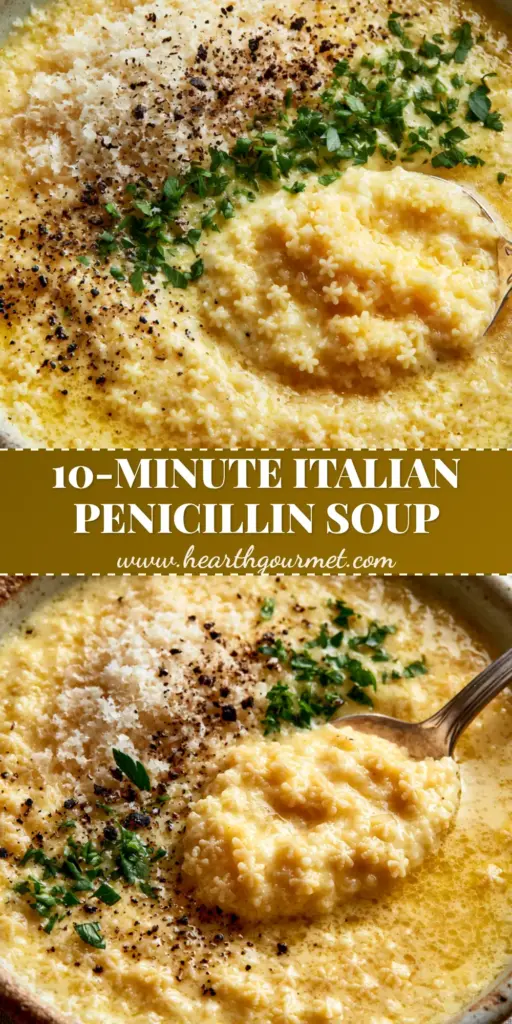 A tall Pinterest pin image showing a rustic bowl of Italian Pastina Soup with golden broth, star-shaped pasta, and fresh parsley.