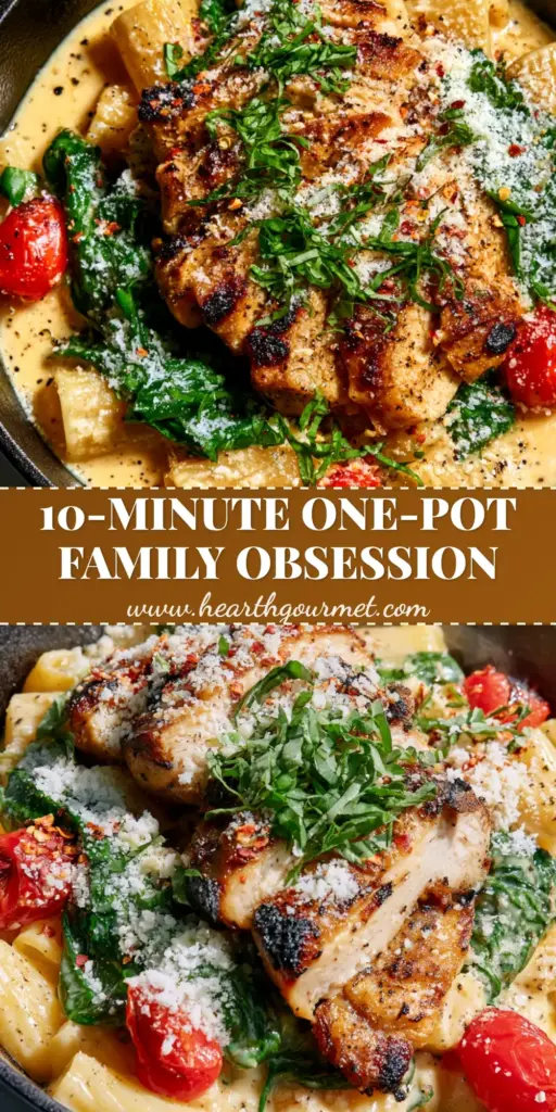 A close-up of a rustic skillet filled with creamy garlic parmesan pasta, seared chicken, and blistered tomatoes, known as a family favorite dish.