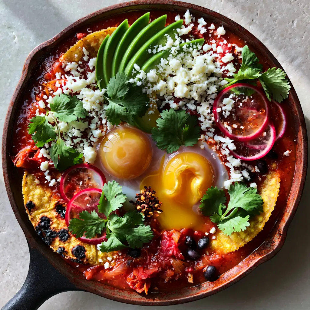 Close up shot of sunny-side-up eggs in thick red salsa roja with cotija cheese and radishes. (Huevos rancheros)
