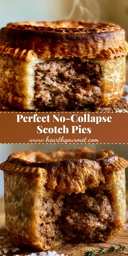 A perfectly vertical Scotch pie on a rustic wooden board with a sprig of fresh thyme and scattered sea salt.