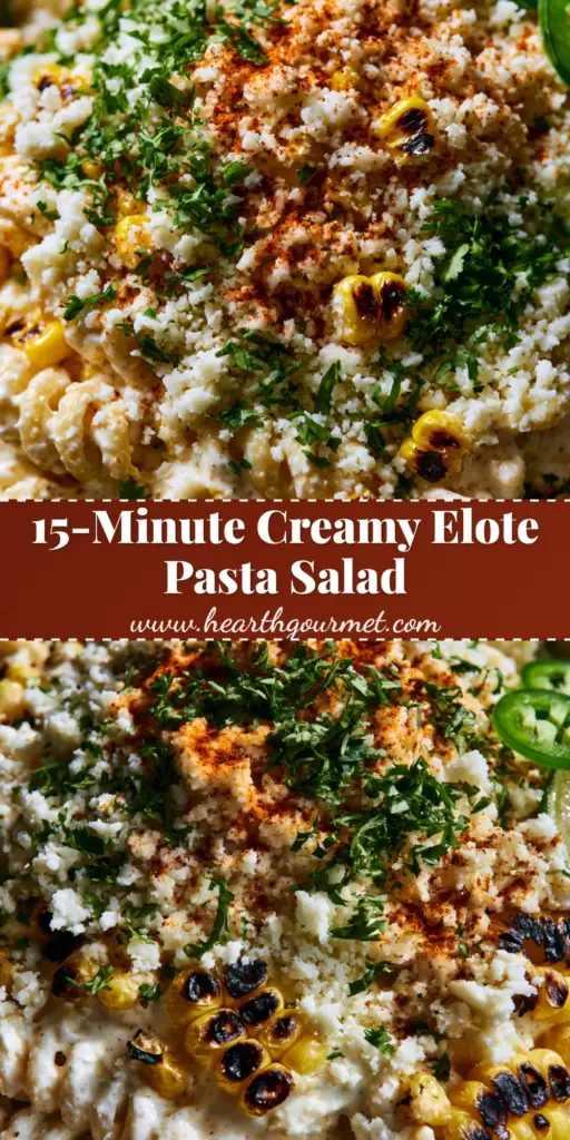 A rustic ceramic bowl overflowing with creamy elote pasta salad, topped with charred corn, cotija cheese, and smoked paprika. (elote pasta salad)