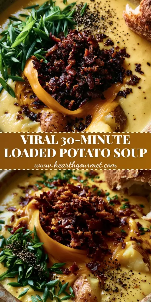 A rustic stoneware bowl filled with thick Potato cheese soup topped with crispy applewood bacon, melted cheddar, and fresh chives.
