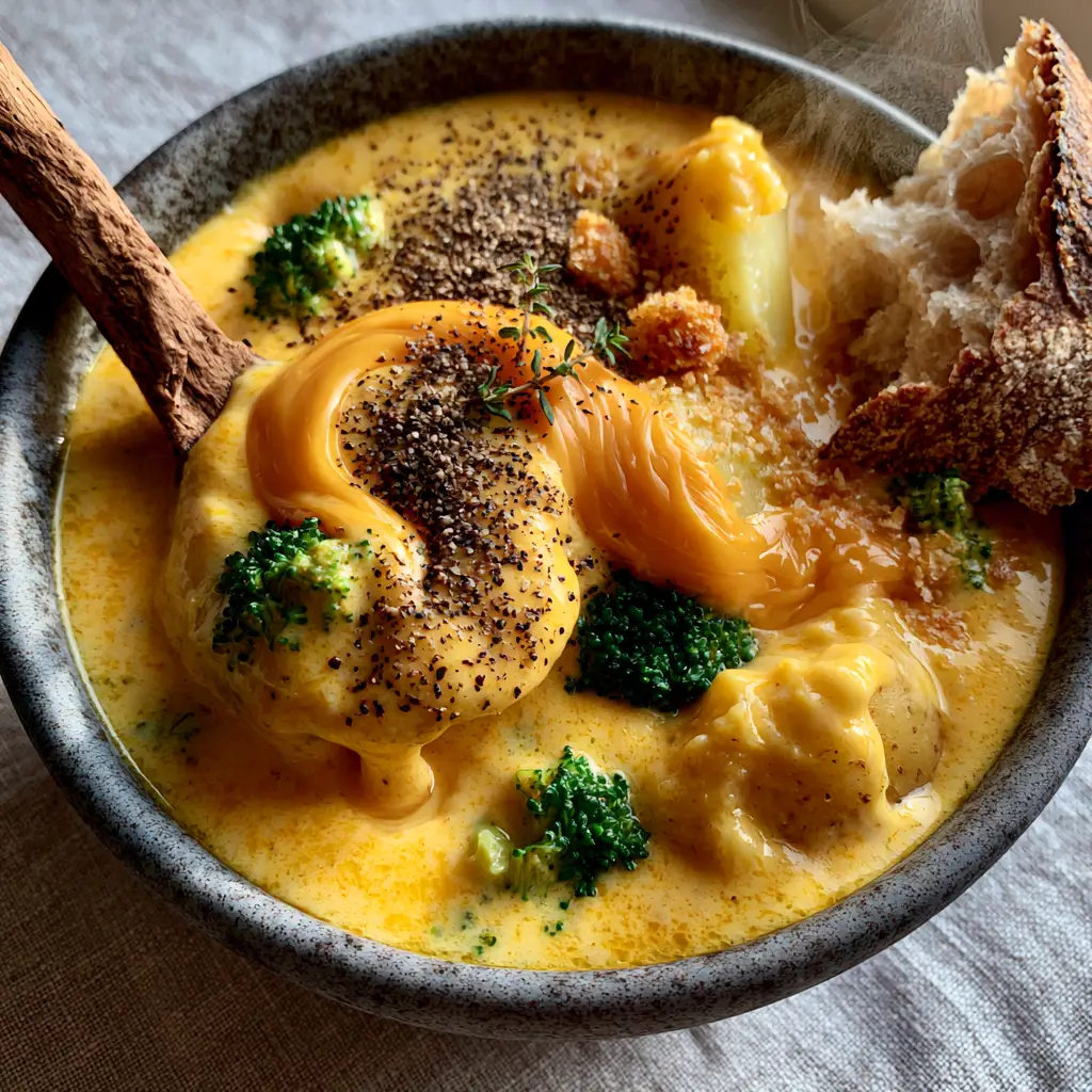 A rustic wooden spoon lifting a dripping portion of broccoli potato cheese soup with visible Yukon gold potato chunks.