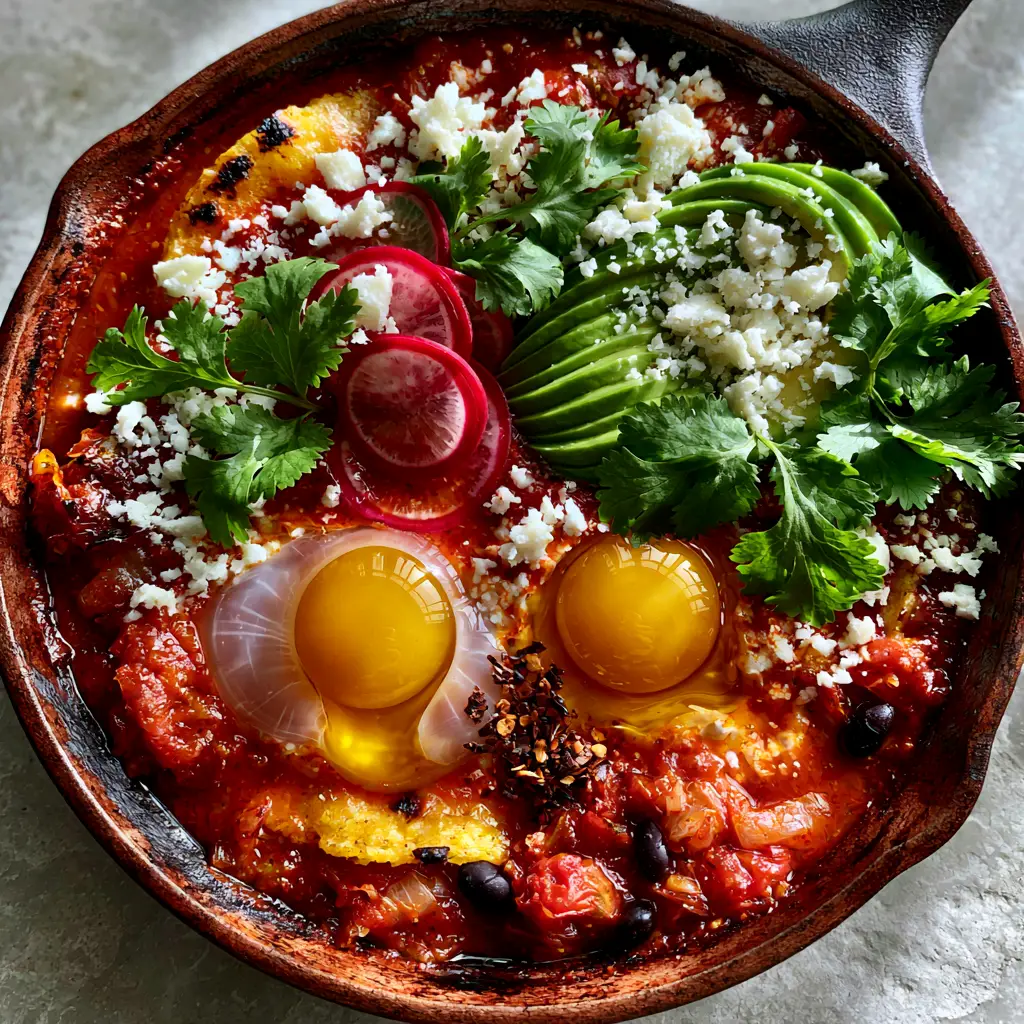 Huevos rancheros: The Ultimate Authentic Skillet Breakfast 1 A rustic cast iron skillet filled with Huevos rancheros on a neutral grey stone background.