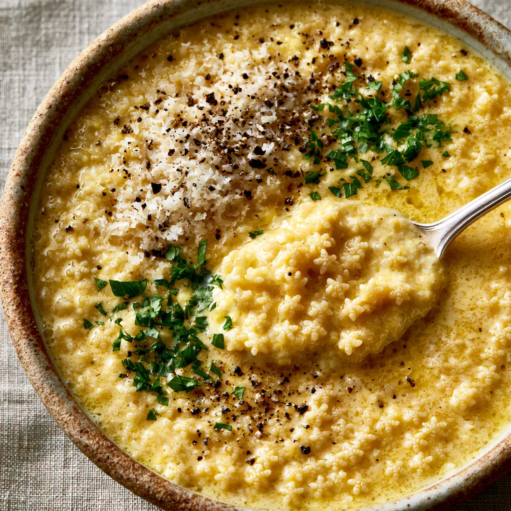 A silver spoon lifting a heap of Italian Pastina Soup from a ceramic bowl, showing the thick and luscious egg-enriched consistency.