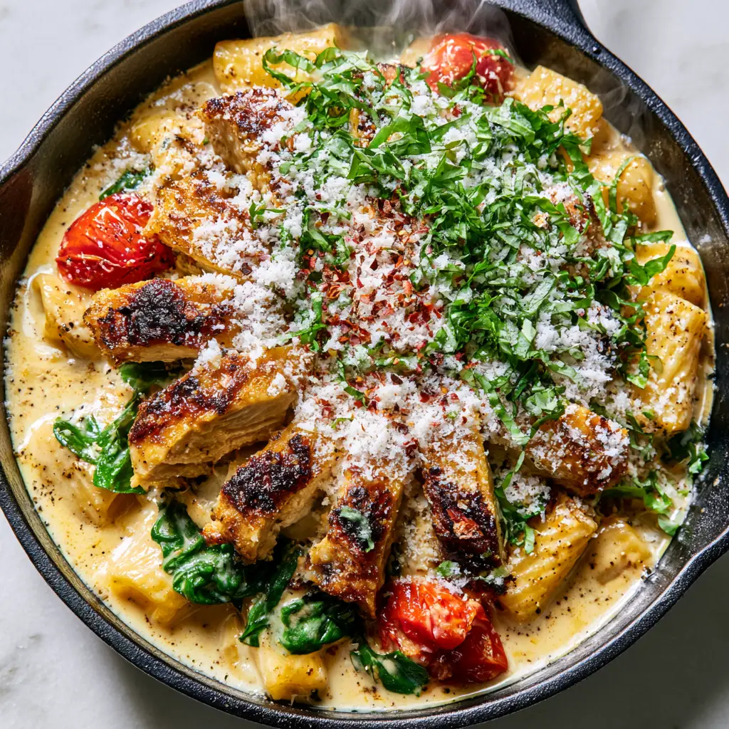 A rustic skillet showing the snow-like parmesan dusting and basil chiffonade on the favorite dish.