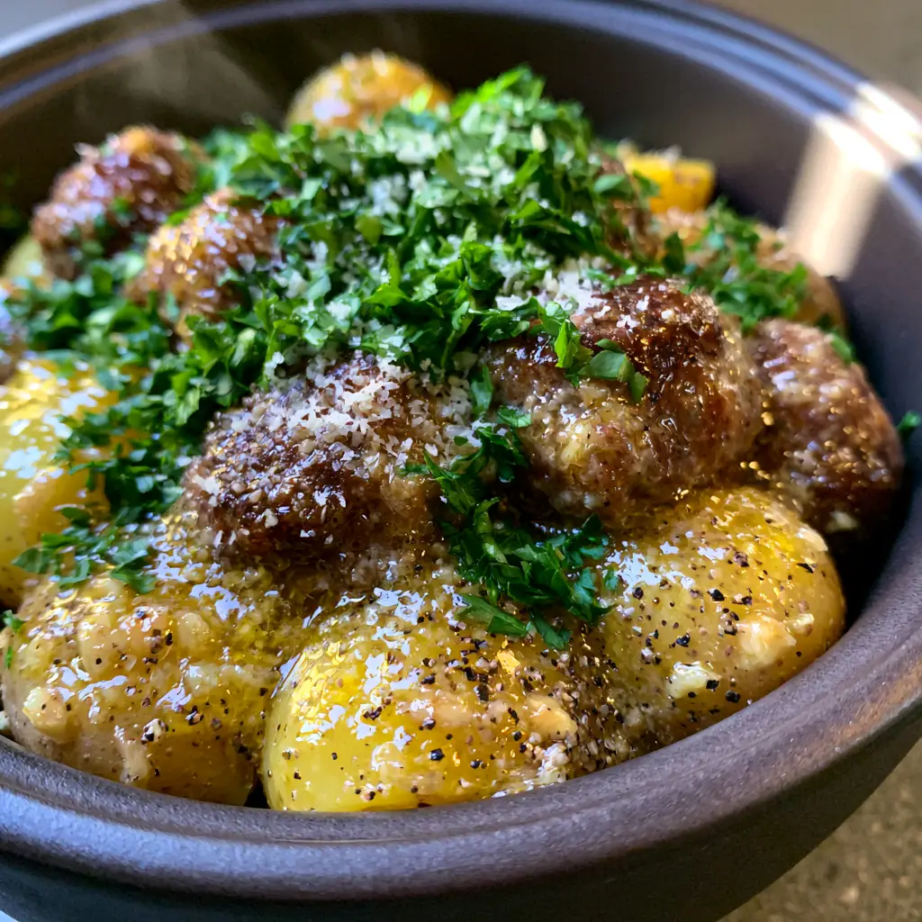 Detail view of glossy garlic butter sauce coating Meatballs and Potatoes with cracked black pepper and minced garlic.