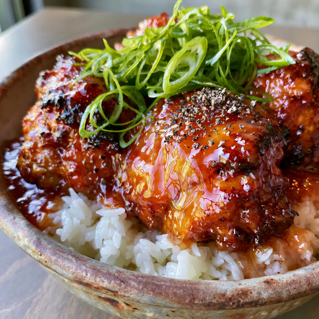 Side view of braised chicken thighs with caramelized edges on a bed of fluffy white jasmine rice.