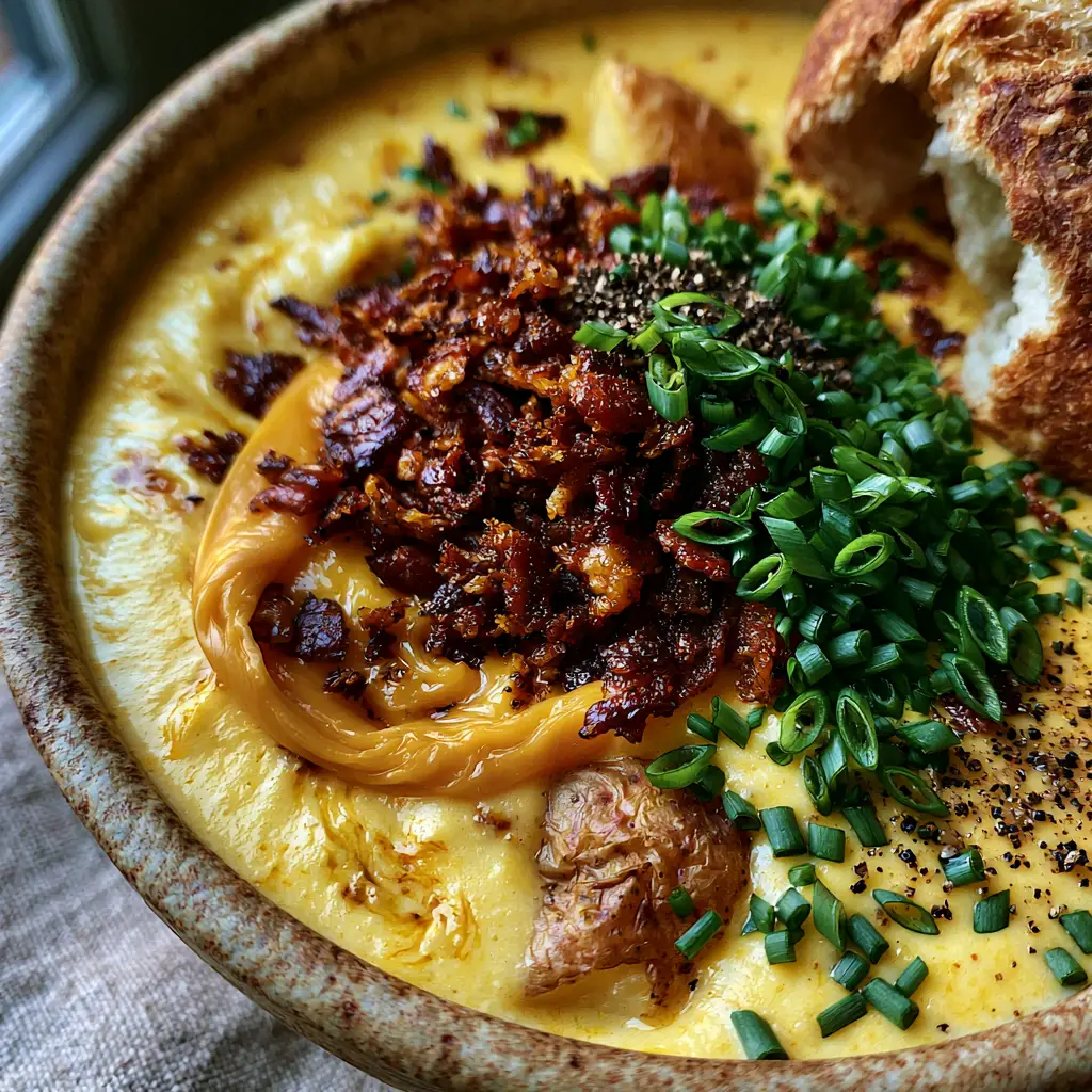 Close-up of melted sharp cheddar cheese swirling into a warm bowl of Potato cheese soup.