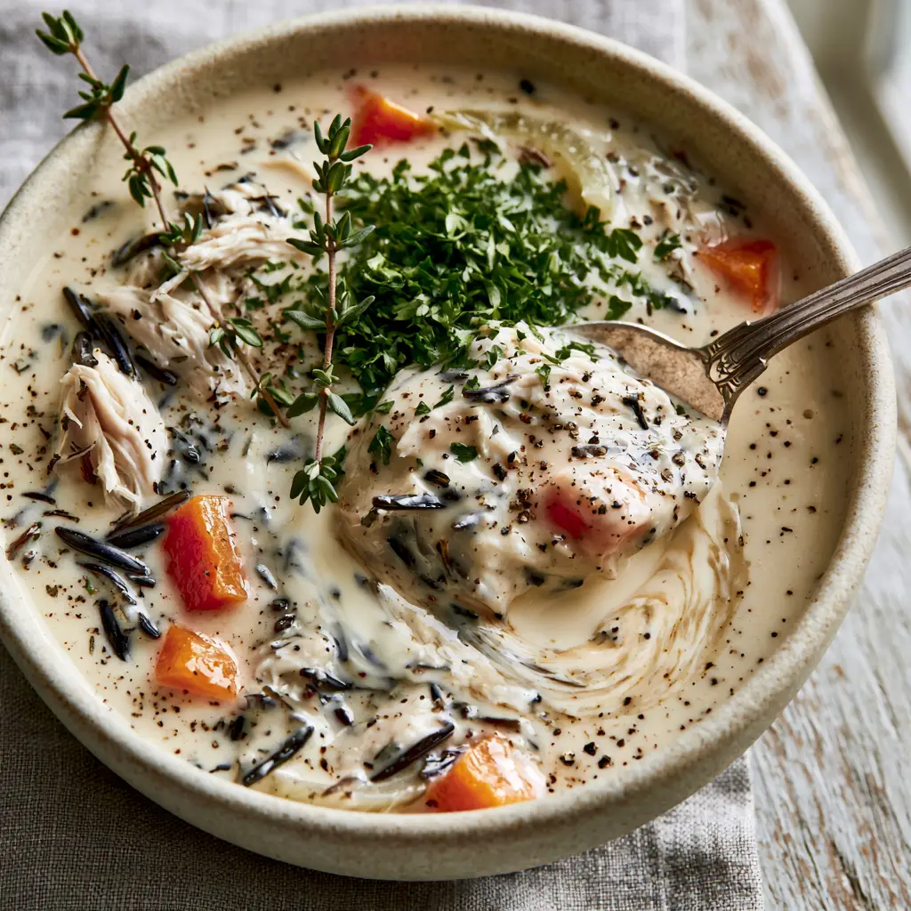A vintage spoon lifting a scoop of chunky chicken and wild rice from a rustic ceramic bowl.