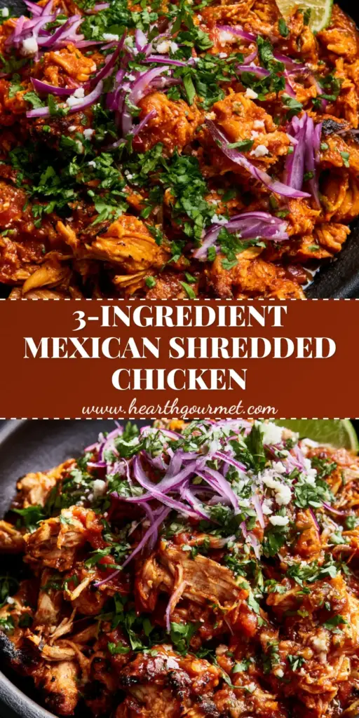 Overhead view of juicy Mexican shredded chicken topped with cilantro, red onion, and cotija cheese in a black bowl.