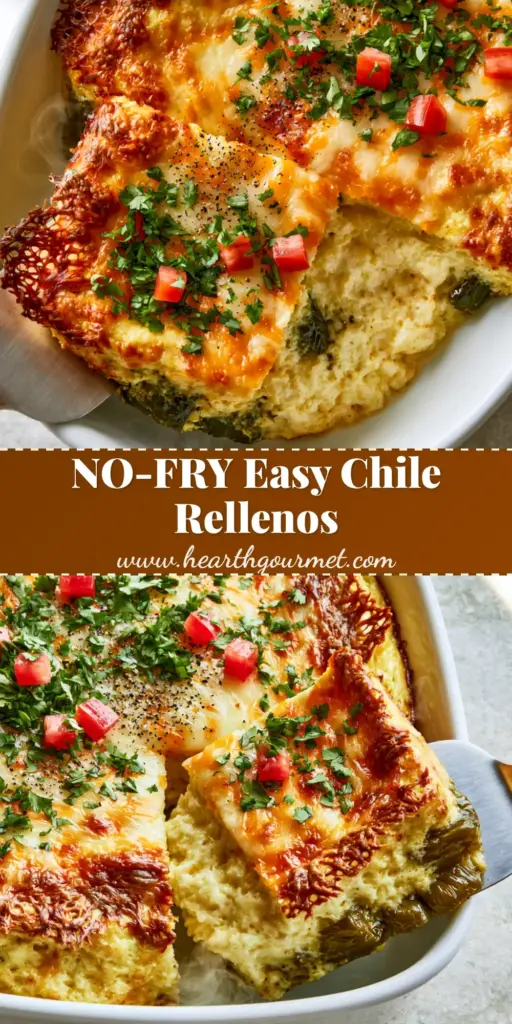 A golden-brown Chile Rellenos Casserole in a white dish with melted Monterey Jack, sharp cheddar crust, and cilantro garnish.
