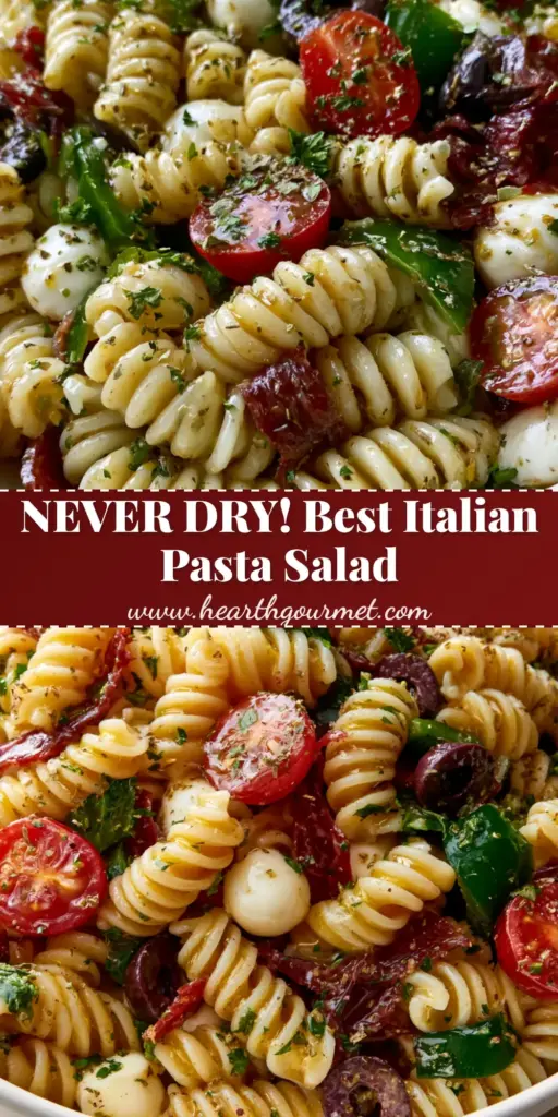 Italian Pasta Salad with Zesty Golden Vinaigrette and Salami 4 A vibrant Italian pasta salad with rotini, salami, and mozzarella pearls in a white bowl. (Italian pasta salad)