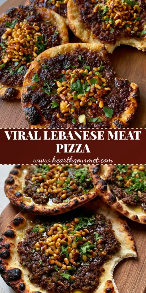 A close-up vertical shot of crispy Lahm Bi Ajeen meat pies with charred edges, toasted pine nuts, and fresh parsley, perfect for Pinterest.