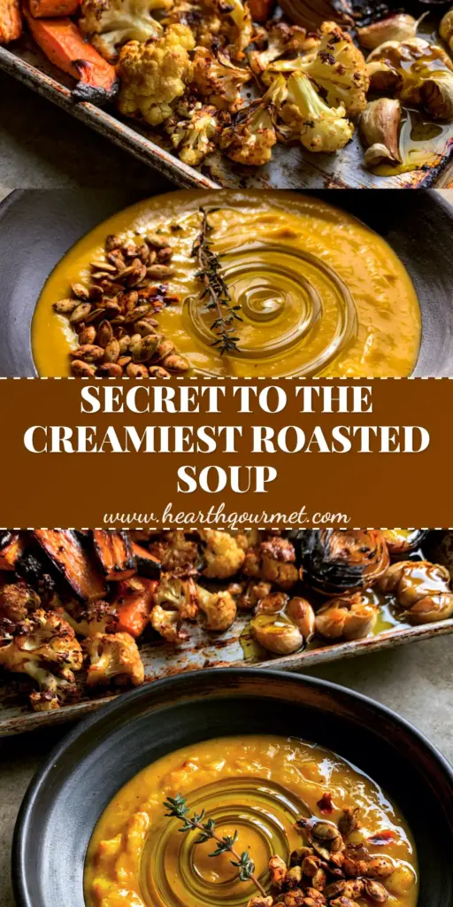 A vertical photo showing a pan of roasted carrots and cauliflower above a bowl of creamy roasted veggie soup topped with seeds.