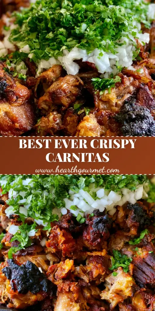 Carnitas Crockpot Recipe: Crispy, Tender Slow Cooker Mexican Pork 4 A handheld smartphone photo of a rustic cast iron skillet overflowing with crispy slow cooker carnitas, garnished with cilantro and white onions. (Carnitas Crockpot Recipe)