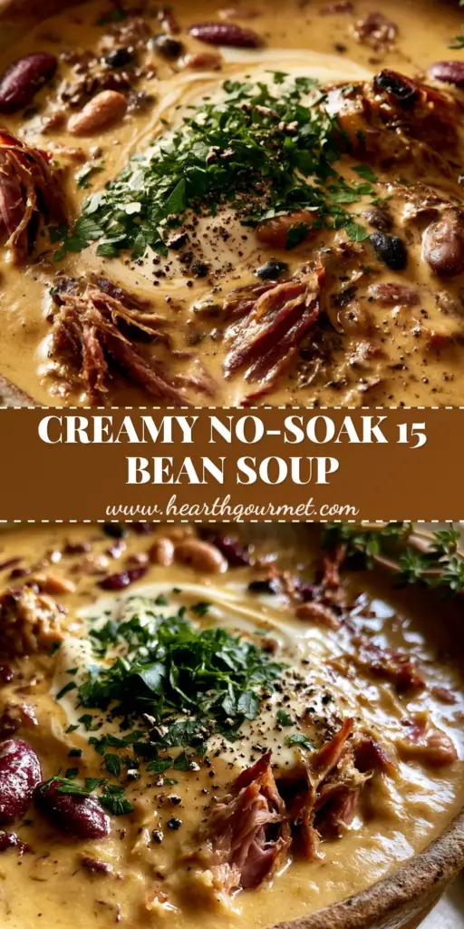 A rustic stoneware bowl of creamy 15 bean soup with a heavy cream swirl, shredded ham, and fresh parsley garnish on a wooden table. (15 bean soup)