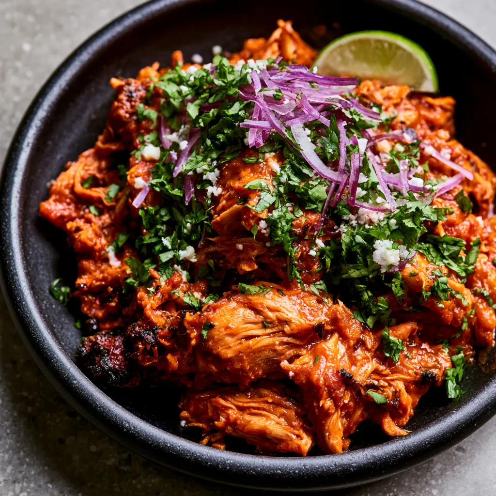 Extreme macro shot of Mexican shredded chicken garnished with white cotija cheese and thin red onions.