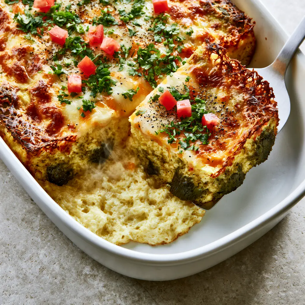 A slice of Chile Rellenos Casserole being lifted to reveal forest-green chiles and airy egg souffle layers.