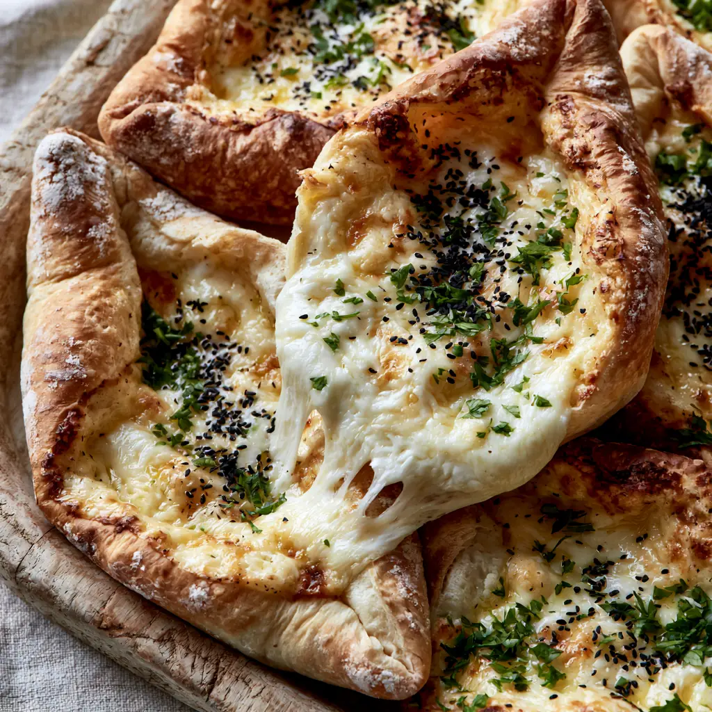 Detailed shot of the stretchy cheese pull from a warm cheese fatayer pie.