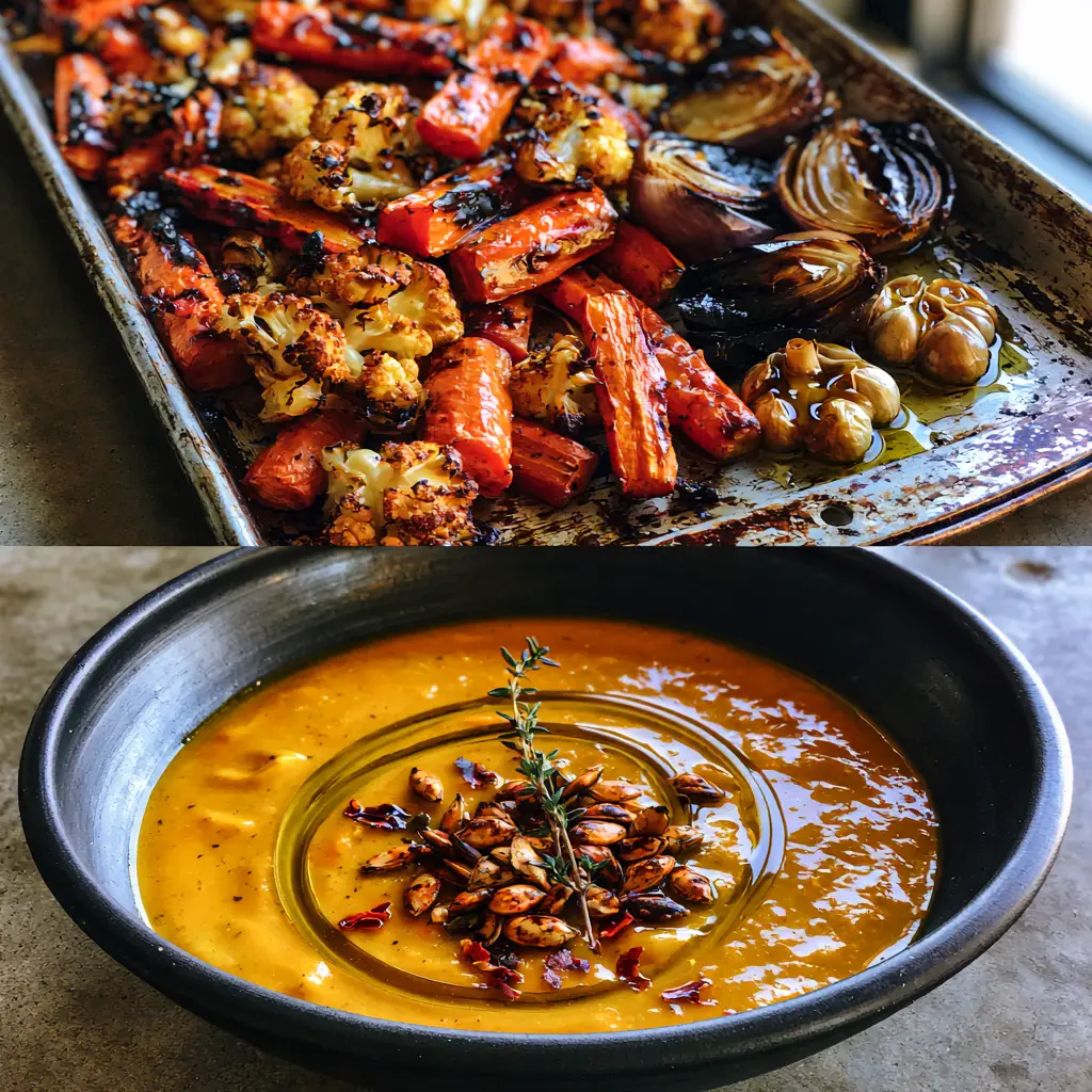 A matte black bowl filled with thick golden-orange roasted veggie soup garnished with pumpkin seeds and thyme.