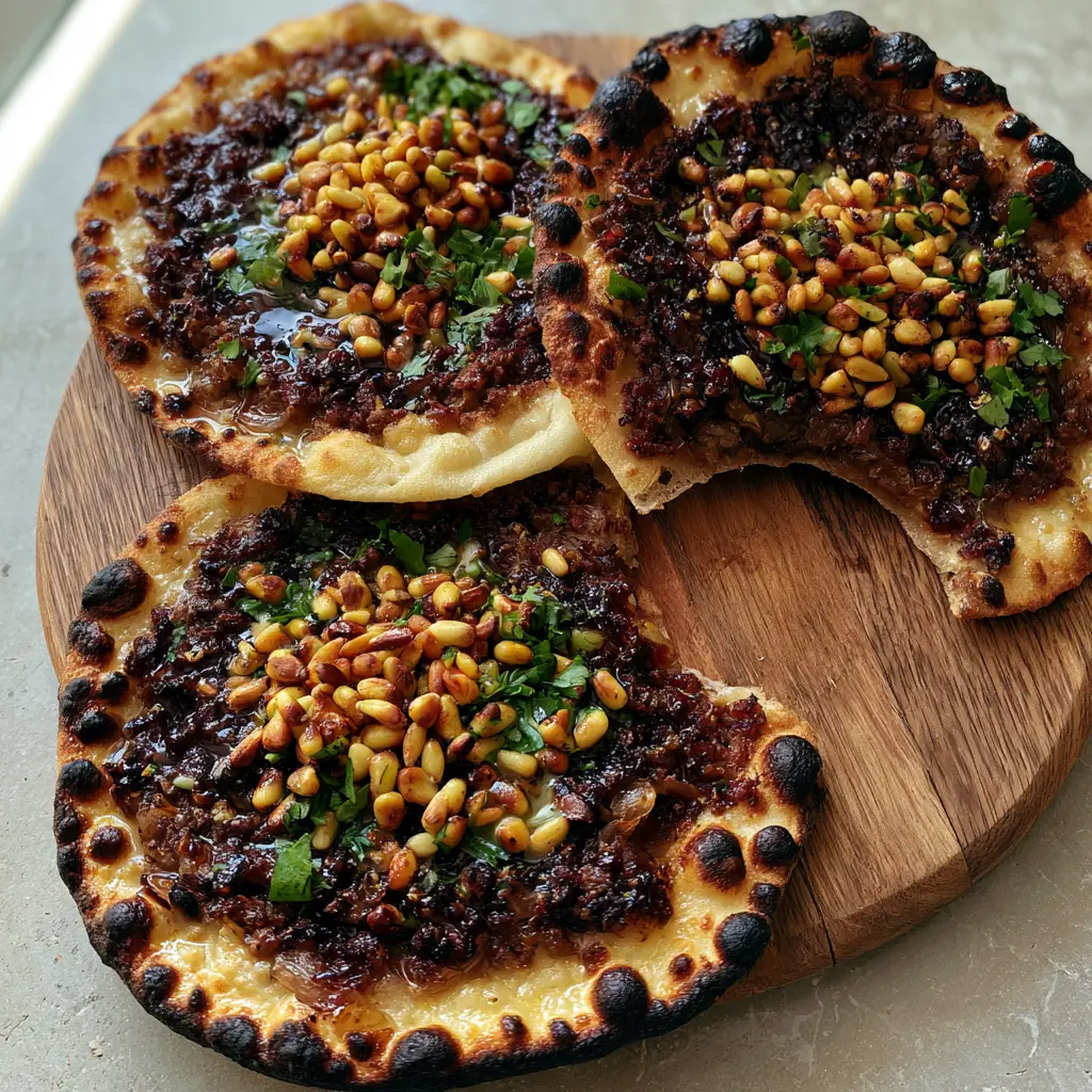 Close up of Lahm Bi Ajeen showing the juicy sheen of pomegranate molasses and toasted pine nut garnish.