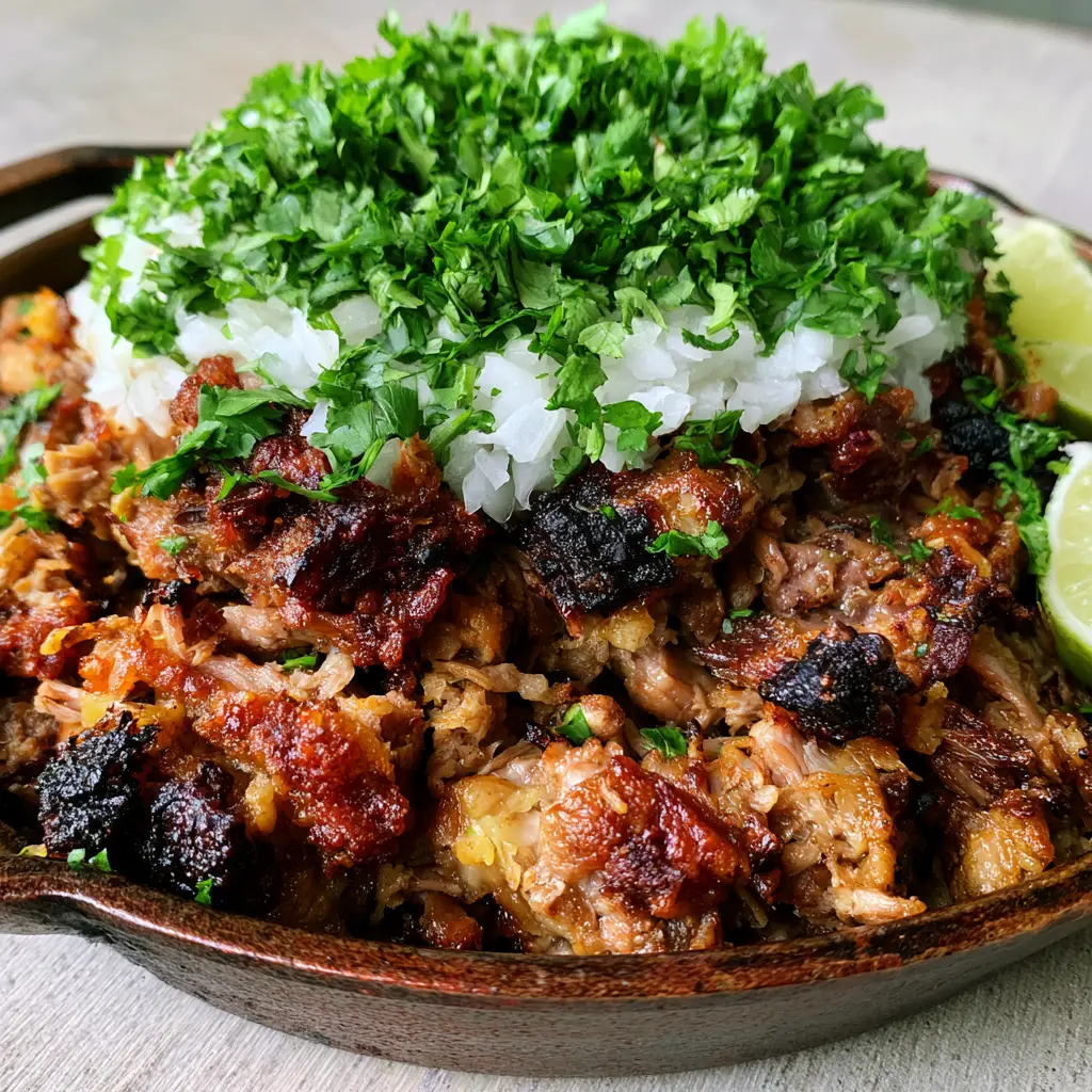 Carnitas Crockpot Recipe: Crispy, Tender Slow Cooker Mexican Pork 1 Abundant pile of Mexican carnitas garnished with fresh cilantro and lime wedges on a wooden surface.