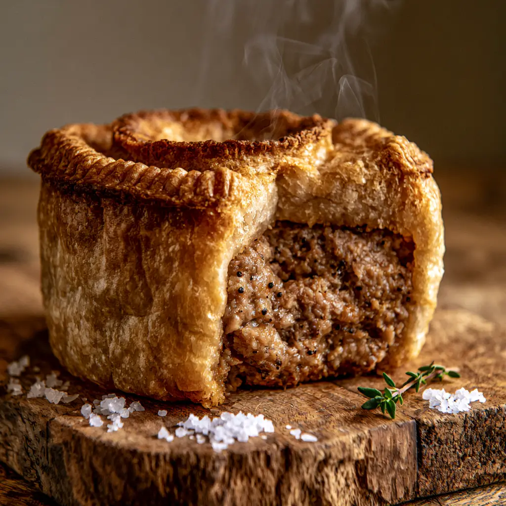Cross-section of a Scotch pie revealing a dense, juicy meat filling with visible black pepper and rising steam.