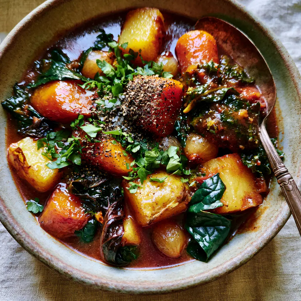 Wide shot of Instant Pot Vegetable Stew on a neutral linen background with diffused daylight.