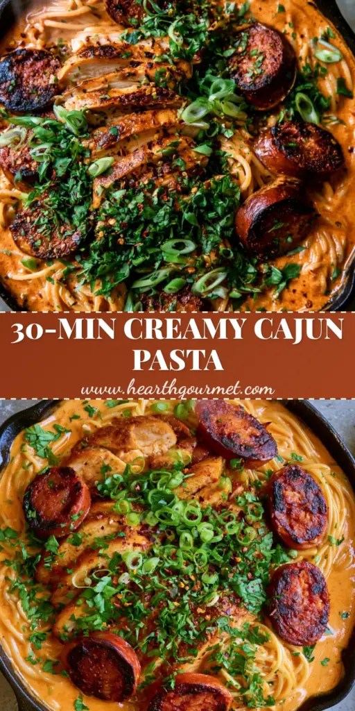 A top-down view of a cast iron skillet filled with Creamy Cajun Spaghetti, featuring blackened chicken, charred sausage, and a vibrant orange sauce. (Cajun spaghetti)