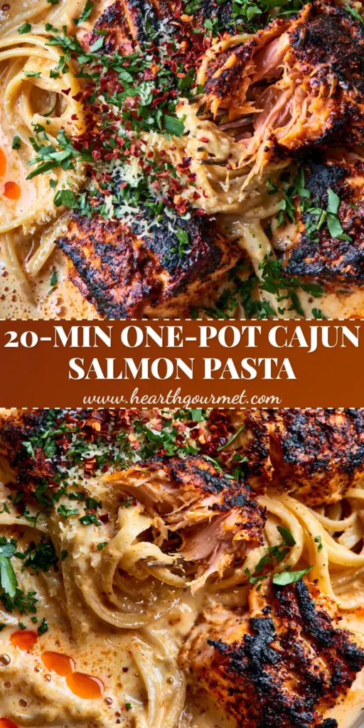A rustic bowl of Creamy Cajun salmon pasta with al dente linguine, blackened salmon chunks, and a glossy orange sauce garnished with parsley.