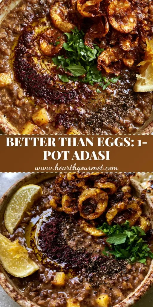 A rustic ceramic bowl of Adasi lentil stew topped with caramelized onions, sumac, and fresh parsley on a grey stone counter. (adasi recipe)