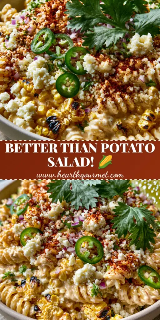 A close-up vertical shot of Mexican Street Corn Pasta Salad featuring charred corn, cotija cheese, and jalapeños in a ceramic bowl.
