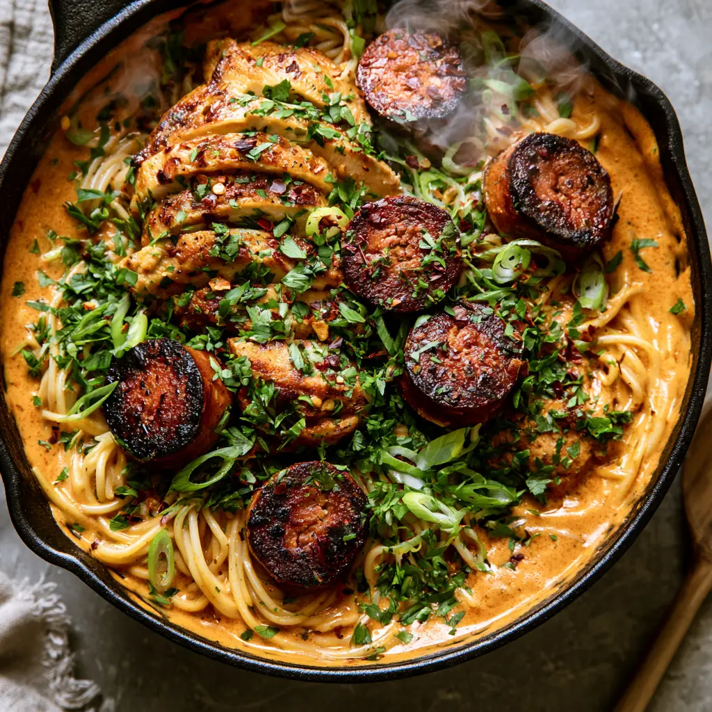Close up of Cajun spaghetti garnished with fresh parsley, green onions, and red pepper flakes in a skillet.