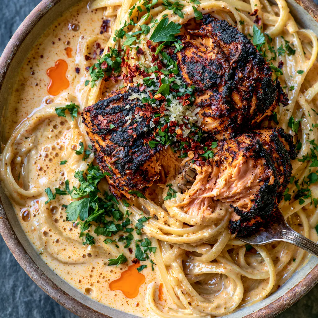 Top-down view of a shallow bowl filled with linguine and chunky blackened salmon in a Creamy Cajun sauce.