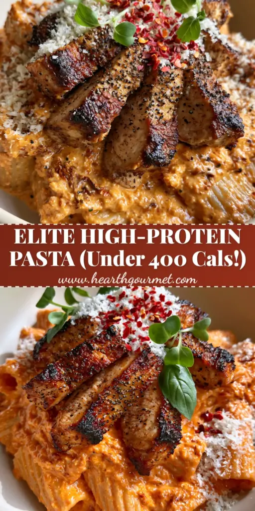 low calorie pasta recipes: Creamy Sun-Dried Tomato & Charred Chicken Rigatoni 4 A shallow matte ceramic bowl filled with creamy sun-dried tomato rigatoni topped with charred chicken slices, parmesan, and micro-basil. (low calorie pasta recipes)