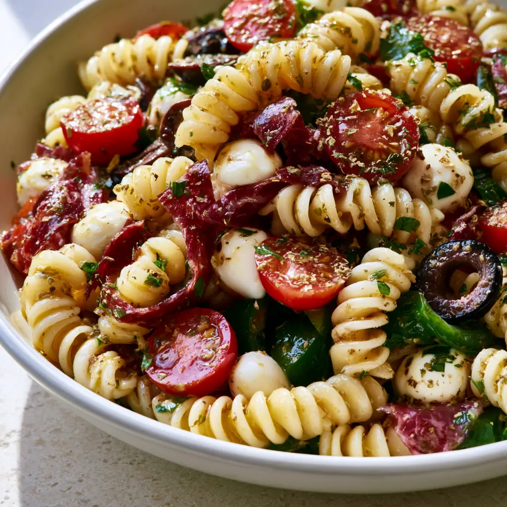 Macro high-angle photo of Italian pasta salad with glistening noodles and fresh herbs. (Italian pasta salad)