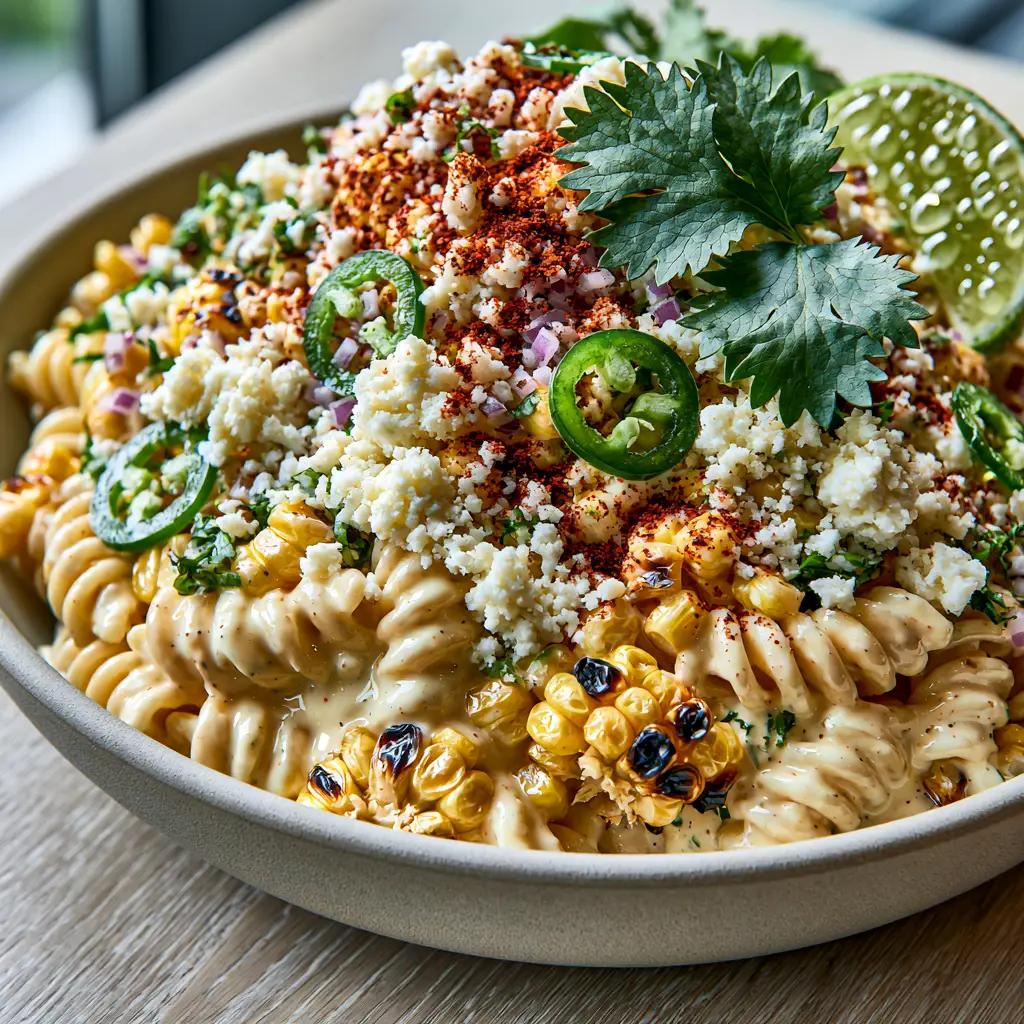A large matte ceramic bowl filled with creamy Mexican Street Corn Pasta Salad with charred corn kernels and fresh cilantro. (Mexican Street Corn Pasta Salad)