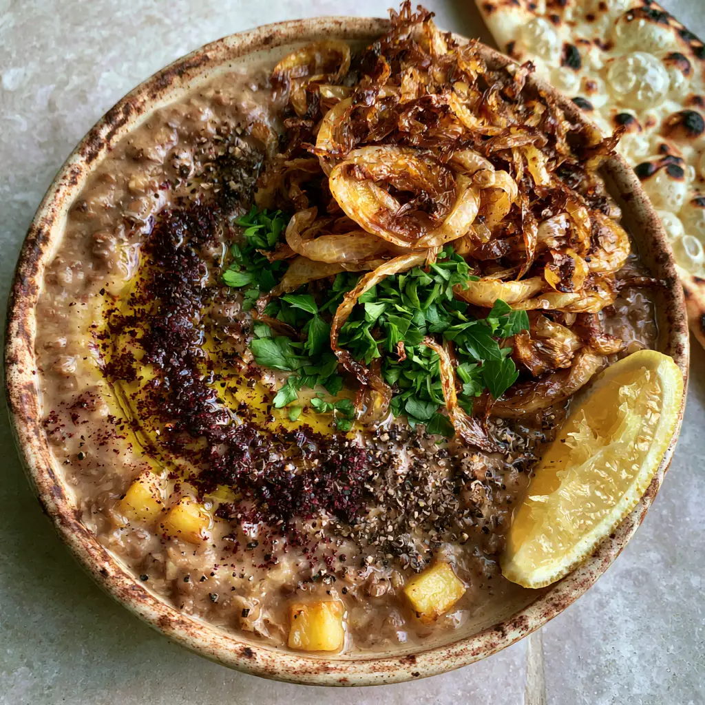 Top-down view of Persian Adasi in a ceramic bowl with a heavy dusting of sumac and a swirl of olive oil. (adasi recipe)
