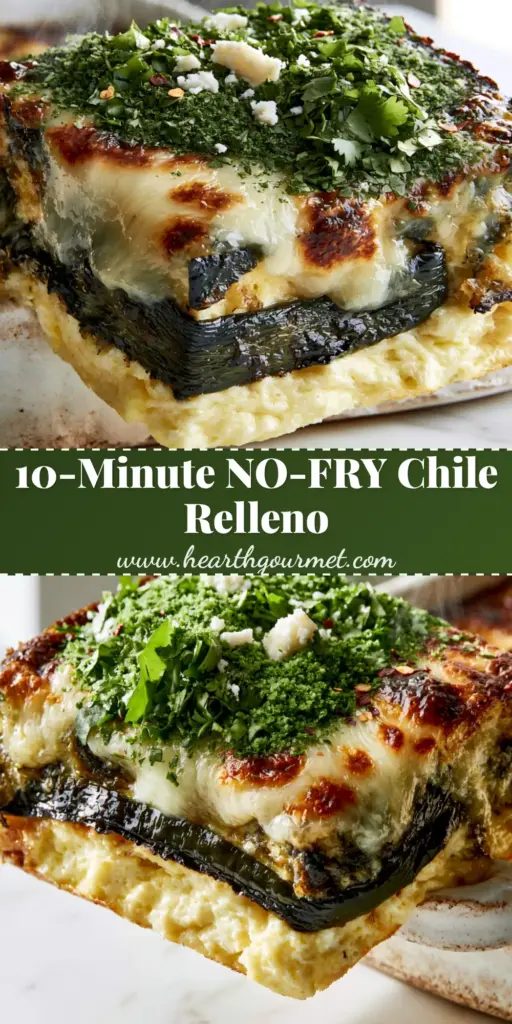A slice of fluffy chile relleno casserole with layers of roasted poblano peppers and melted Monterey Jack cheese being lifted from a white ceramic dish.