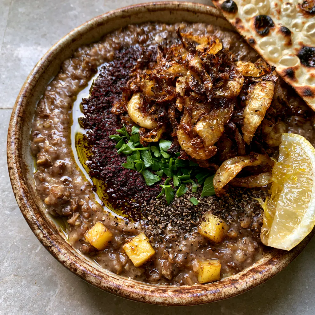 Close up of caramelized onions and fresh parsley on top of a thick brown lentil stew with a side of charred sangak bread.
