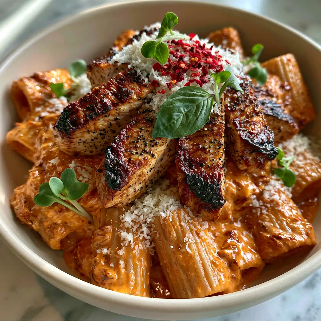 low calorie pasta recipes: Creamy Sun-Dried Tomato & Charred Chicken Rigatoni 2 Close up shot of al dente rigatoni coated in vibrant orange-red cream sauce with succulent seared chicken and micro-greens. (low calorie pasta recipes)